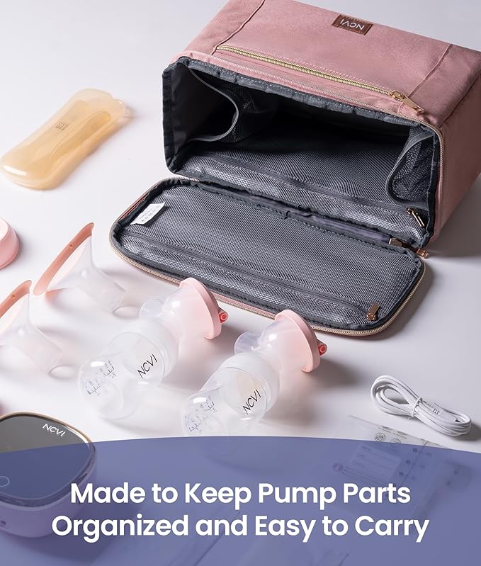 NCVI Breast Pump Storage Bag for Pumps and Extra Parts, Large Capacity Portable Pump Carrying Case with Handle, Waterproof Lining and Multiple Compartments, Perfect for Working & Nursing Moms, Pink