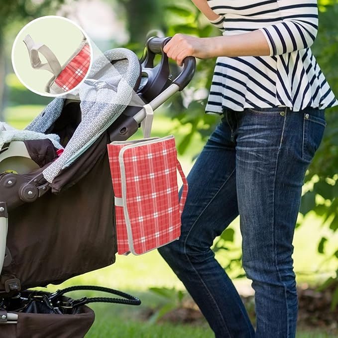 Portable Diaper Changing Pad Travel Baby Changing Mat Waterproof Diaper Changing Mat Foldable Lightweight Baby Changer with Built-in Pillow Checkered Plaid Red