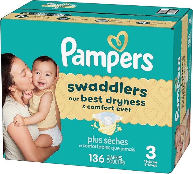 Pampers Swaddlers Diapers, Size 3 (13-26 lbs), 136 Count, Absorbent, Keeps Baby Dry and Comfortable, Skin Safe Disposable Baby Diaper (Packaging May Vary)