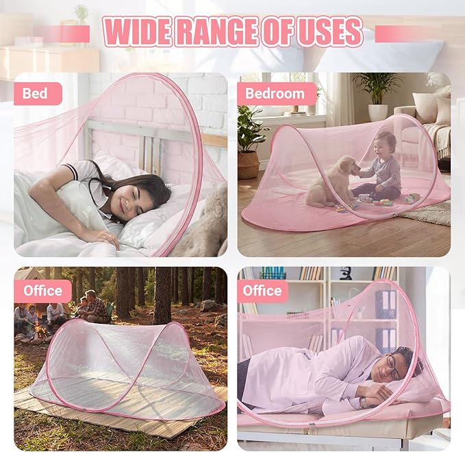 2 Pcs Large Pop up Mosquito Tent Portable Foldable Mosquito Bug Net for Bed Camping Travel Patio Outdoor 78 * 31 * 22 Inch Bug Netting Mesh Tent Canopy for Adults Bedroom, Pink