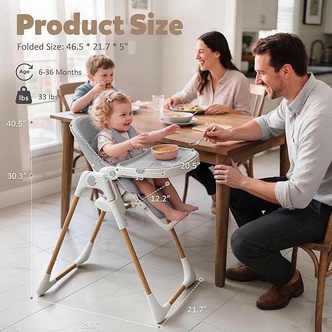 TODEFULL 3 in 1 Foldable Baby High Chair, Infant High Chairs for Babies and Toddlers, 6 Height & 5 Recline Adjustable Toddler Feeding Chair, 2 Tray Depth & 3 Footrest Angles, 2 Built-in Wheels, Black