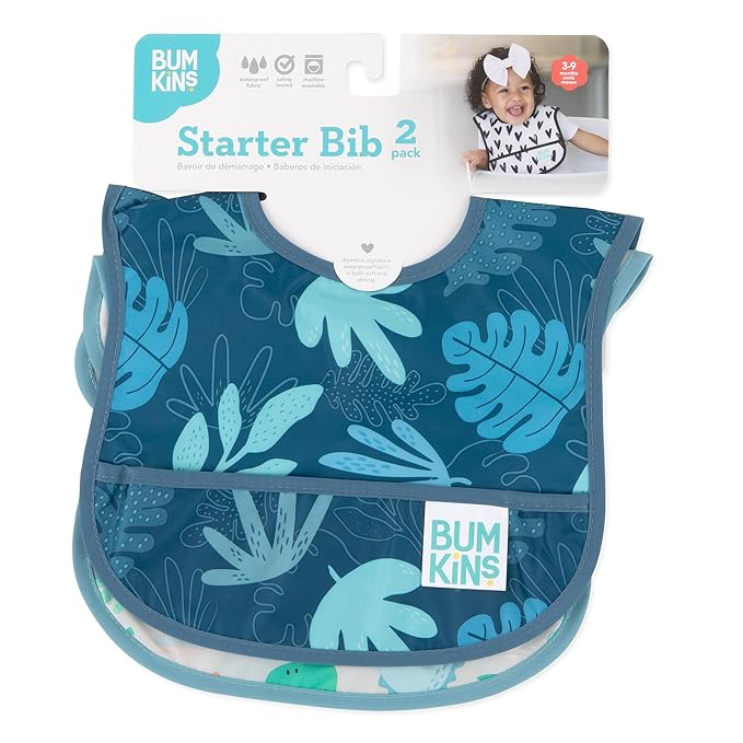 Bumkins Bibs, for Baby Girl or Boy, Infant 3-9 Months,Essential Must Have for Eating, Feeding, Baby Led Weaning, Mess Saving Waterproof Soft Fabric, Starter Bib 2-pk Blue Tropic and Dinosaurs