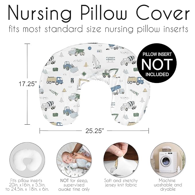 Sweet Jojo Designs Construction Truck Boy Nursing Pillow Cover Baby Breastfeeding Slipcover Infant Newborn Nursery Bottle Breast Feeding Pillowcase(Pillow NOT Included)- Grey Blue Green Transportation
