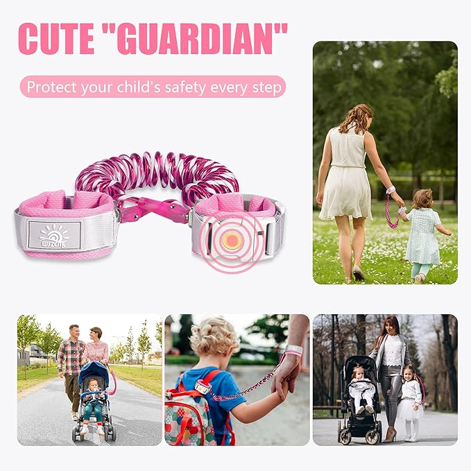 Anti Lost Wrist Link,Toddler Harness Walking Leash with Induction Lock,Reflective Child Wrist Leashes for Baby,6.56ft Kids Leash for Supermarket Mall Airport Amusement Park Zoo Travel(Pink)