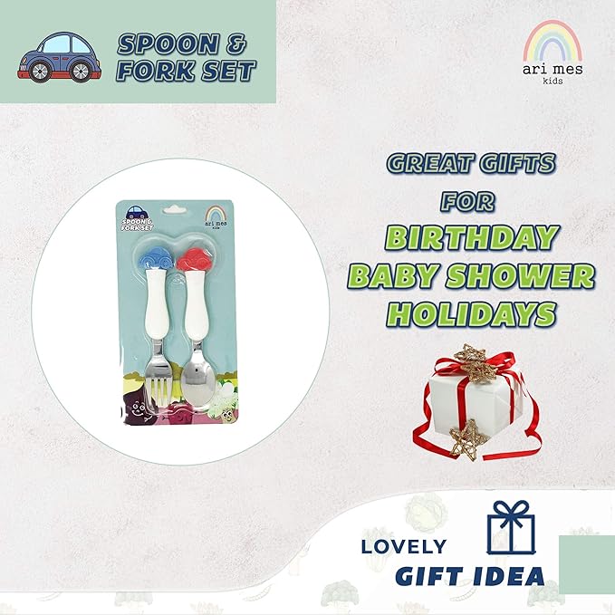 ARI MES - BPA-Free Toddler Car Utensils - Easy-Grip Car Spoon and Fork Set for Kids