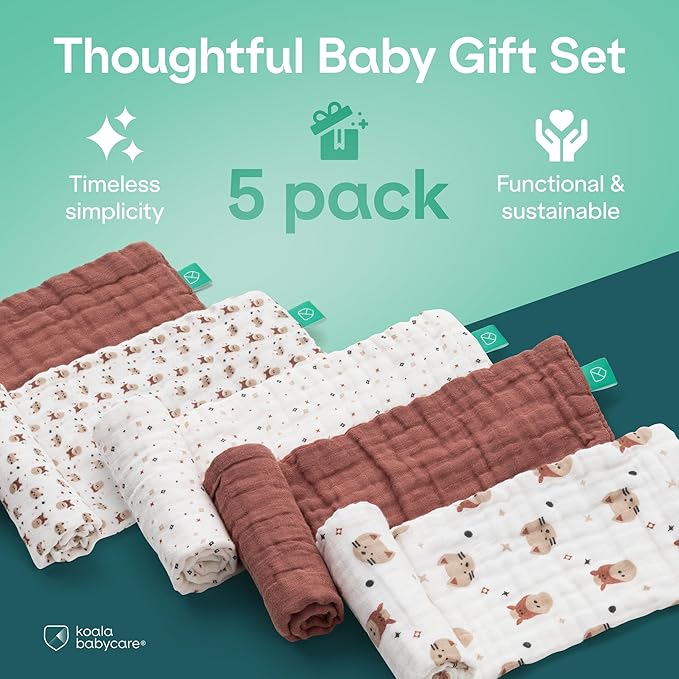 Koala Babycare 5 Pack 20"x10" Organic Burp Cloths for Baby Boys and Girls - GOTS & OEKO-TEX Cotton Burp Rags for Newborns - Absorbent Neutral Burping Cloths for Feeding - Washable Baby Bibs Essentials