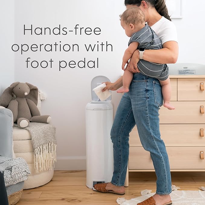 Platinum Diaper Pail Lily White, Made of Durable Stainless Steel, Convenient Easy to Use Hands-Free Operation, Odor-Locking Pail, Includes 2 Easy Roll Refill with 18 and 30 Durable Bags