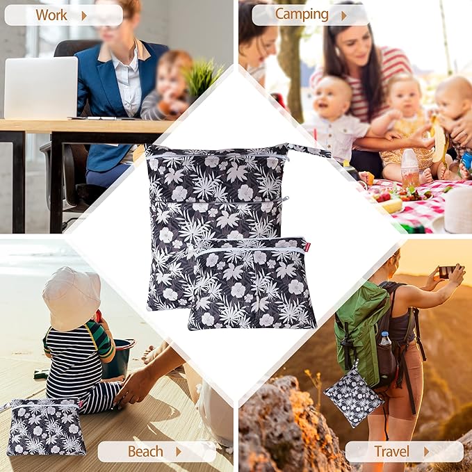 Damero 2 Pcs Wet Dry Bag for Cloth Diaper, Swimsuit, Clothes, Water-Resistant Reusable Wet Bag for Travel, Exercise, Beach, Pool, Daycare, Coffee Flowers