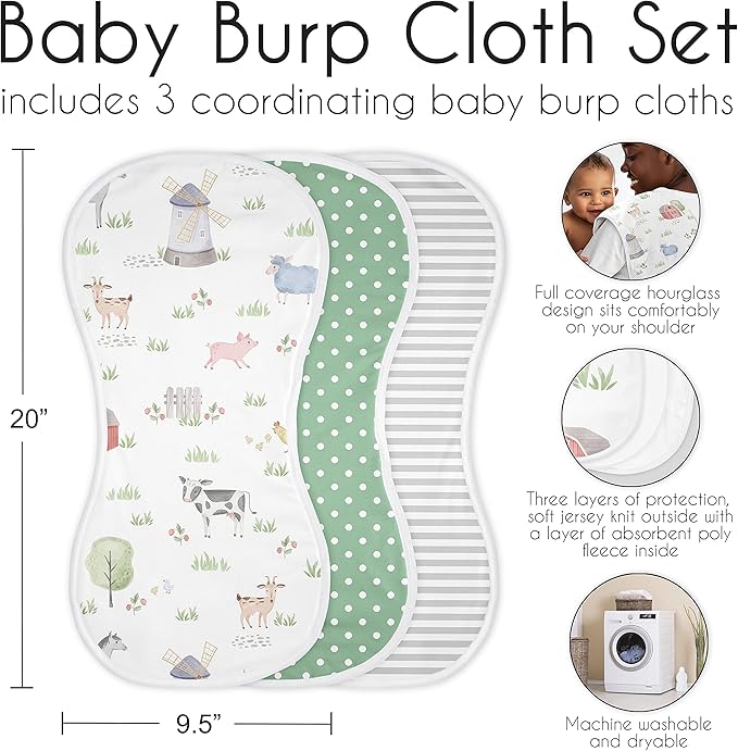 Sweet Jojo Designs Farm Animals Baby Boy Girl Absorbent Burp Cloths Infant Newborn Grey Red Black and White Green Watercolor Farmhouse Barn Horse Cow Sheep Pig Gender Neutral 3 Pack Set Dribble Drool