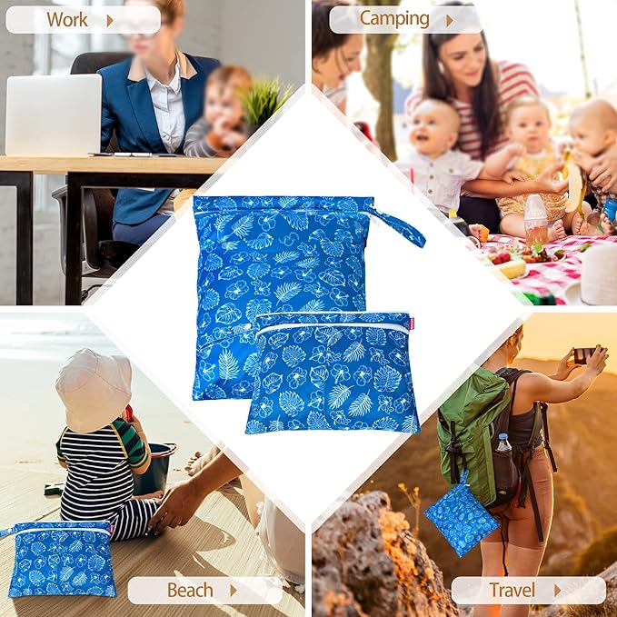Damero 2 Pcs Wet Dry Bag for Cloth Diaper, Swimsuit, Clothes, Water-Resistant Reusable Wet Bag for Travel, Exercise, Beach, Pool, Daycare, Blue Flowers