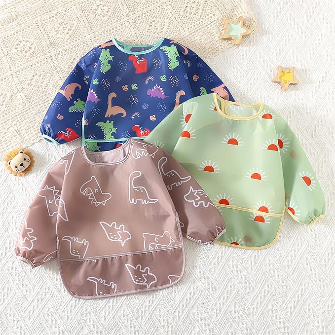 Long Sleeved Bibs,5 PCS Waterproof Wearable Bibs with Sleeves,Baby Feeding Smock 6-30 Months