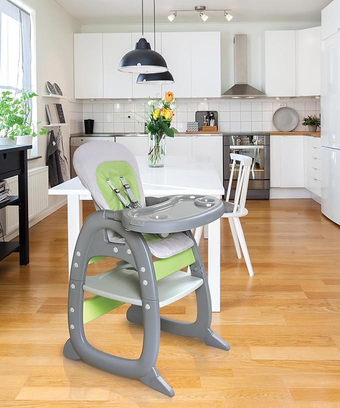 Badger Basket Envee II Convertible Baby High Chair – Infant Feeding Seat, Booster, and Toddler Desk with Tray and Cushion – Cool Gray/Green