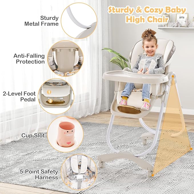 HONEY JOY Baby High Chair, Foldable High Chairs for Babies and Toddlers, Adjustable Heights, Recline Backrest & Footrest, Double-Layer Tray & Cushion, Portable Infant Highchair with Wheels (Gray)