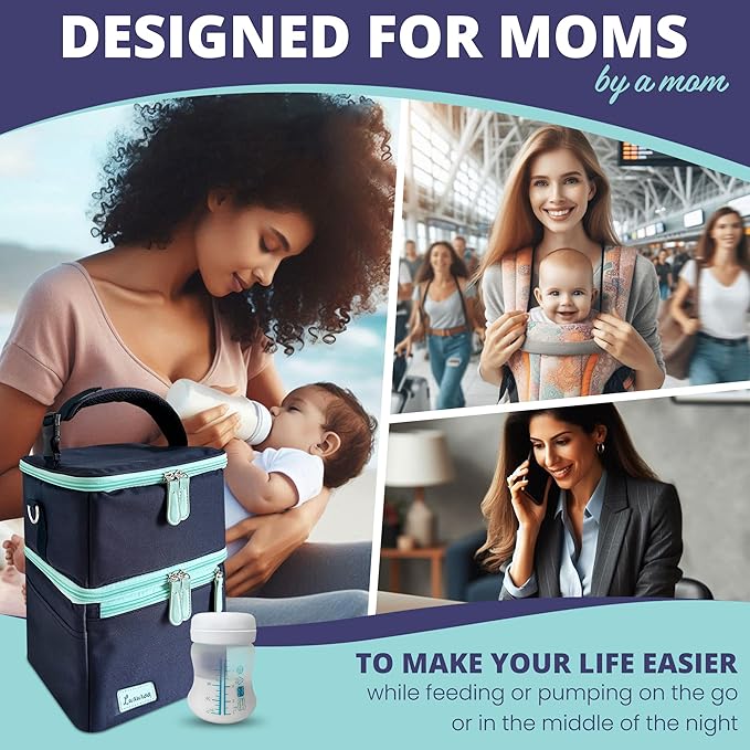 COOL Bundle Insulated Breast Milk Dual Layer Cooler Bag (Navy/Light Blue), Set of 4 ICE Slim Design Reusable Ice Packs, & BPA Free Dishwasher Safe PumpPartment Box Pumping Moms Bottles Daycare