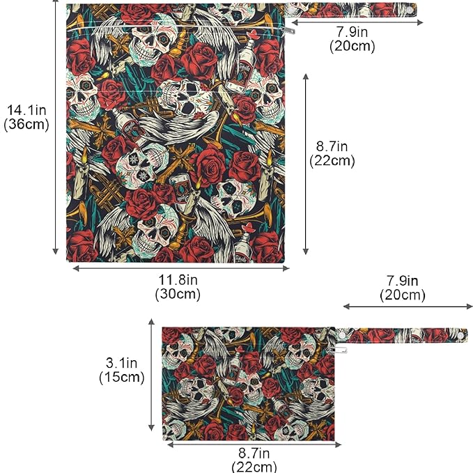 visesunny Sugar Skull Red Rose Day of Dead 2Pcs Wet Bag with Zippered Pockets Washable Reusable Roomy for Travel,Beach,Pool,Daycare,Stroller,Diapers,Dirty Gym Clothes, Wet Swimsuits, Toiletries