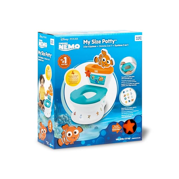 Bright Starts Disney Junior Finding Nemo My Size Potty Training Toilet, Toddler Potty Chair with Flushing & Cheering Sounds, Removable Seat with Splash Guard & Handles, Ages 18+ Months, Up to 50 lbs
