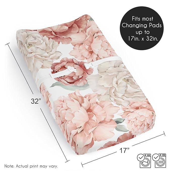 Sweet Jojo Designs Baby Changing Pad Cover Sheet (Boho Shabby Chic Floral) for Girls, Infant/Newborn Diaper Change Table Mat Covers (Blush Pink & Ivory, Bohemian, Vintage, Garden, Watercolor, Elegant)