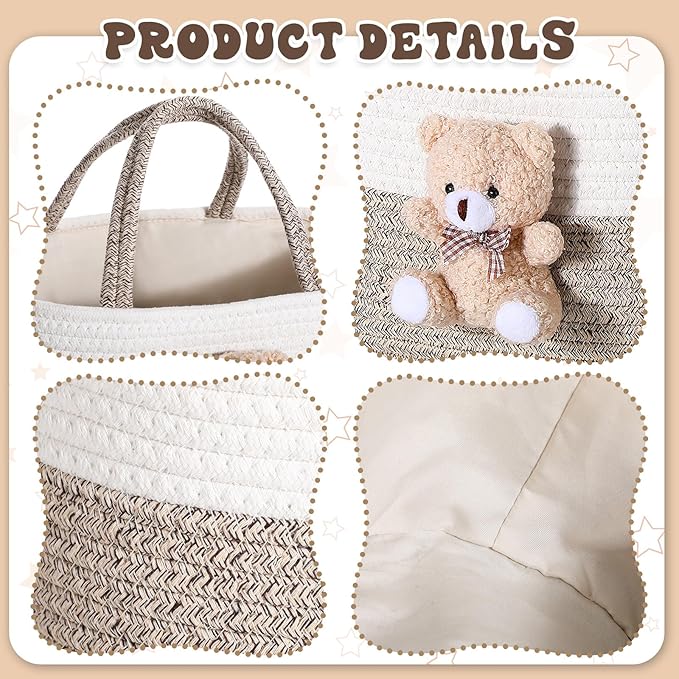 FoldTier Bear Diaper Caddy Organizer Cart Storage for Nursery with Handle, Bear Baby Shower Basket Gift Bath Caddy for Diapers and Baby Wipes, Basket for Nursery(Gray White)