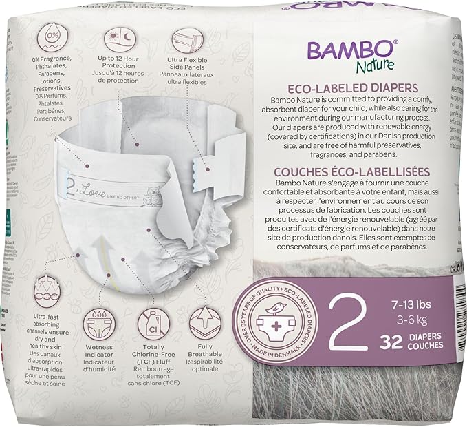 Bambo Nature Premium Eco-Friendly Baby Diapers, Size 2 (7-13 Lbs), 32 Count