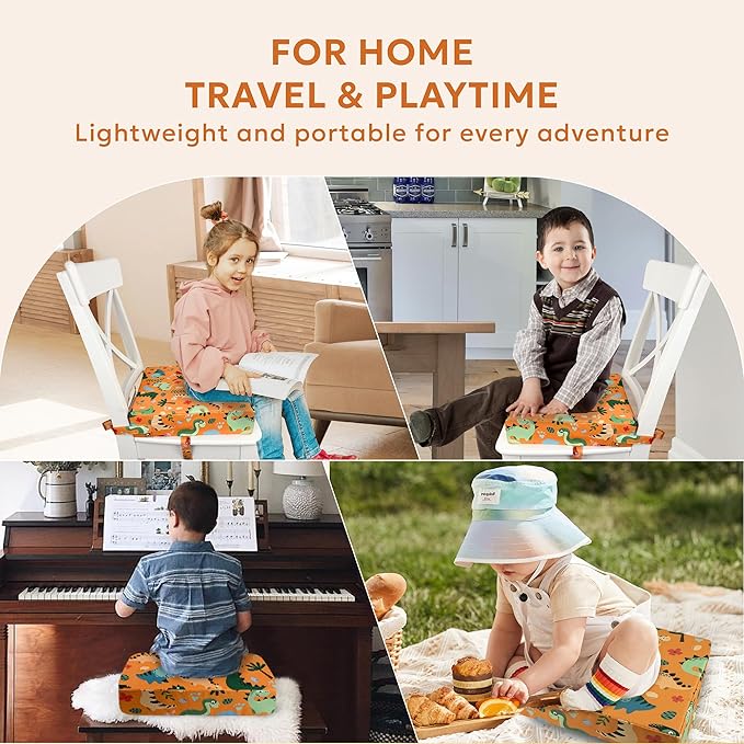 Toddler Booster Seat for Dining Table & Kitchen Chairs - Premium Foam with Non-Slip Bottom & Double Adjustable Straps, Safety Certified, Portable Travel &Easy to Clean (Orange-Dinosaur)
