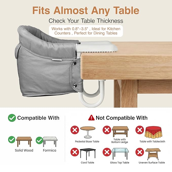 Portable Hook on High Chair for Baby & Travel Toddler from 6-36 Months – Clip on Baby Seat for Table – Fast Table Chair for Travel & Dining– Including Storage Bag - Gray