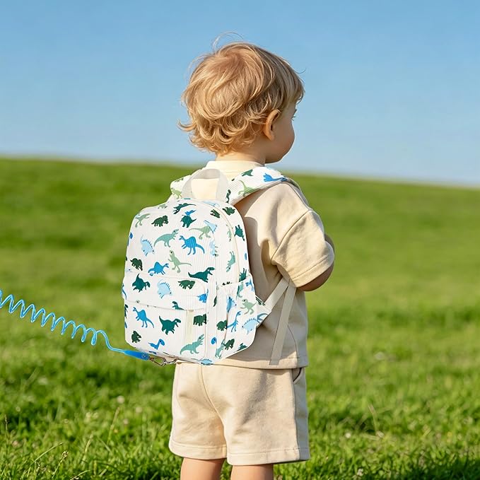 Corduroy Toddler Backpack with Detachable Leash and Anti-Lost Wrist Link, Safety Harness Walking Backpack for Toddler Boys Girls 1-3, Cute Dinosaur Travel Backpack with Leash for Kids