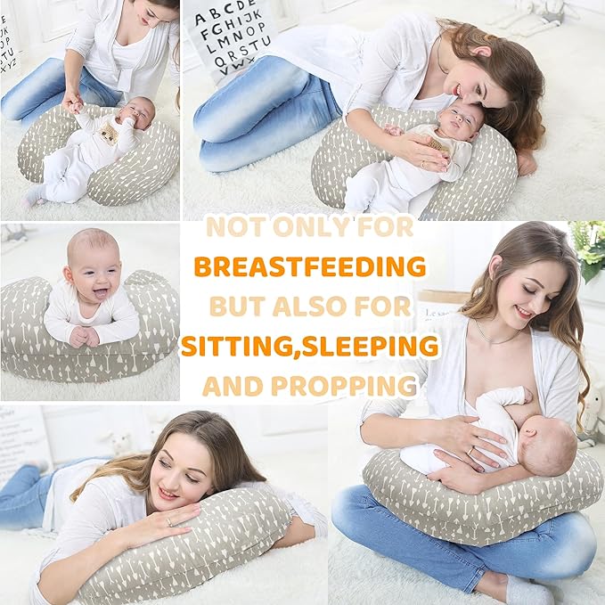 LAT Nursing Pillow for Breastfeeding,100% Cotton Removable Cover,Ergonomic Breast Feeding Pillows for Mom and Baby,Machine Washable(Gray Arrow)