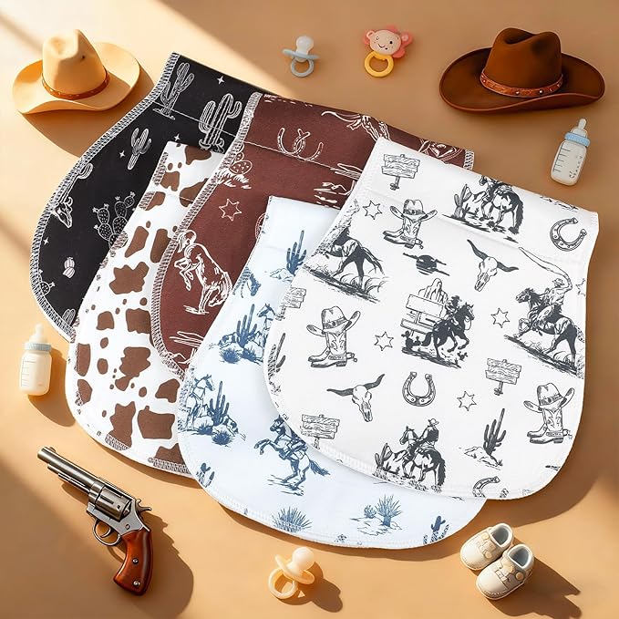 SmoothNovelty 5 Pack Vintage Western Baby Burp Cloths Soft Absorbent Burping Rags for Newborns 19"x9" Spit up Cloths for Boy Girl Newborn Baby Shower Registry Gifts Set Nursery Decor