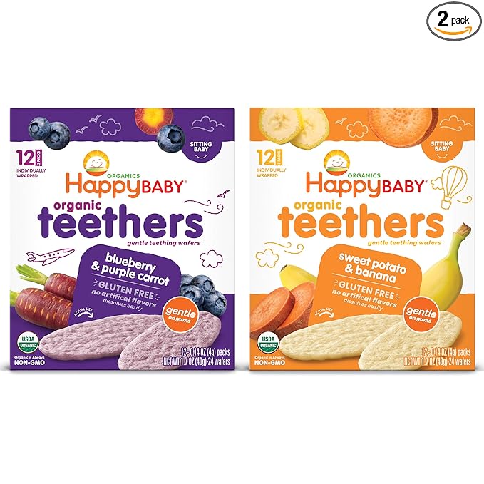 Happy Baby Organics Gluten Free Organic Teethers 2 Flavor Variety Pack (Blueberry & Purple Carrot/Sweet Potato & Banana), 12 Count (Pack of 2)