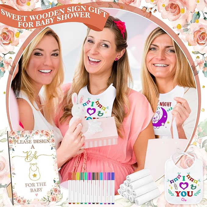 Panitay 100 Pcs DIY Baby Bibs Decorating Kit 50 White Bibs 25 Stencils 24 Markers 1 Baby Shower Game Sign