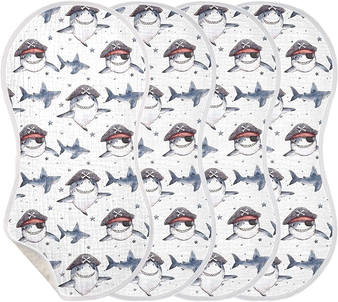 vvfelixl Muslin Burp Cloths Cartoon Shark Pirate Baby Washcloths for Baby Girl Boys 2 Pack