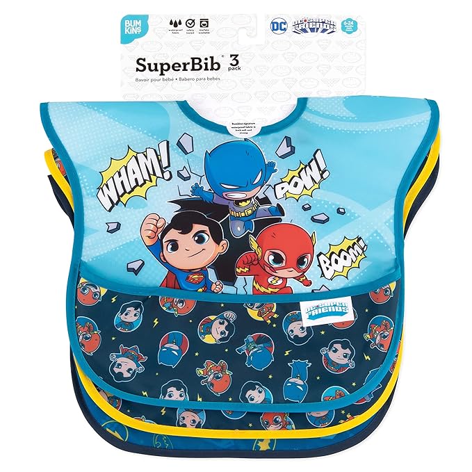 Bumkins Bibs for Girl or Boy, SuperBib Baby and Toddler 6-24 Months, Essential Must Have for Eating, Feeding, Baby Led Weaning Supplies, Mess Saving Catch Food, Fabric, 3-pk DC Comics Super Friends
