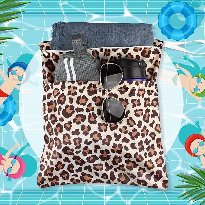 Frienda 4 Pieces Cloth Diaper Wet Dry Bag, Waterproof Reusable Washable Bag for Baby Items and Travel Zippered Pockets with Handle, Beach, Swimsuit, Dirty Gym Clothes and Toiletries(Animal Print)