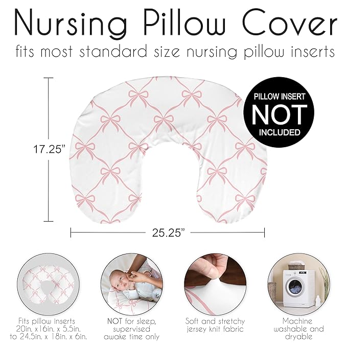 Sweet Jojo Designs Baby Nursing Pillow Cover (Pink Bows) for Girls, Infant/Newborn Nursery, Bottle Breastfeeding Slipcover, Breast Feeding Pillowcase - Pillow NOT Included (for Ballerina Collection)
