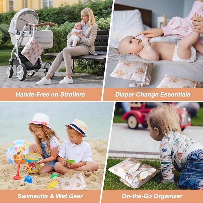 3 PCS Waterproof Wetbag, Wet Bags for Baby Cloth Diapers and Soiled Clothes, Reusable Wet Bag for Swimsuit and Towels with Double Zipper Pockets, Travel Beach Pool Essentials
