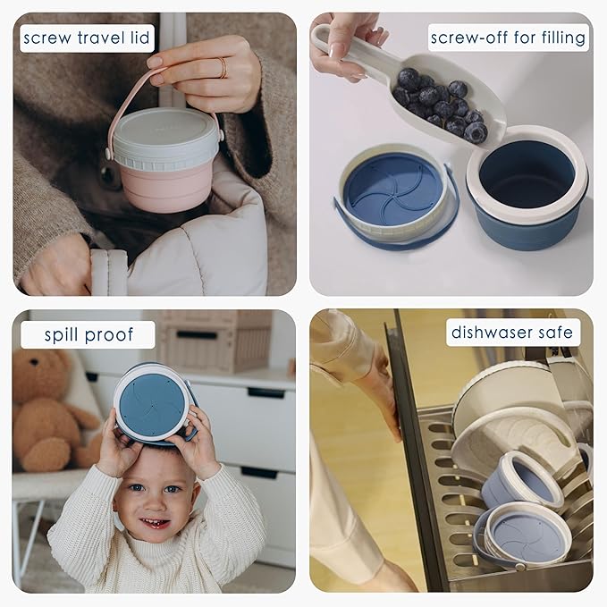 No Spill Silicone Toddler Snack Containers, Detachable Silicone Flap for Filling&Cleaning, Crumb-Free Hard Plastic Screw Travel Lid, Ultra-Soft for Baby Kids Hand In-Out, Snack Cup Holder 12 oz