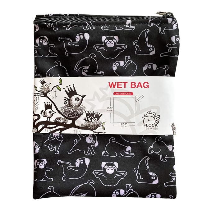 FLOCK THREE Washable and Reusable Wet Bag Diaper Bag Water Resistant Swimming Bag Travel Toiletries Pouch Yoga Dog Print Zippered 12.6'' x 16.5''