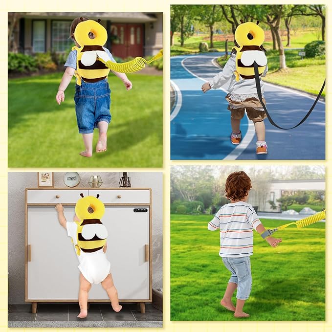 Baby Head Protector Backpack with Toddler Leash, Anti Lost Wrist Link, Adjustable Toddler Head Protection Backpack, 3 in 1 Cute Baby Fall Back Head Protector for Crawling Walking Gifts(Yellow Bee)