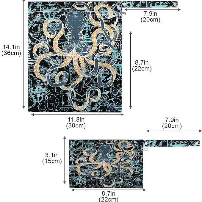 visesunny Hand-Drawn Octopus Anchor 2Pcs Wet Bag with Zippered Pockets Washable Reusable Roomy Diaper Bag for Travel,Beach,Daycare,Stroller,Diapers,Dirty Gym Clothes,Wet Swimsuits,Toiletries