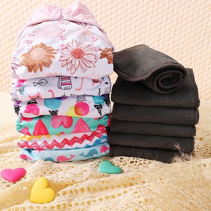 Cloth Diapers 6 Pack with 6 Inserts & 1 Wet Bag - Waterproof Cover, Washable, Reusable & One Size Adjustable Pocket Diapers for Newborns and Toddlers (Blossom Set)