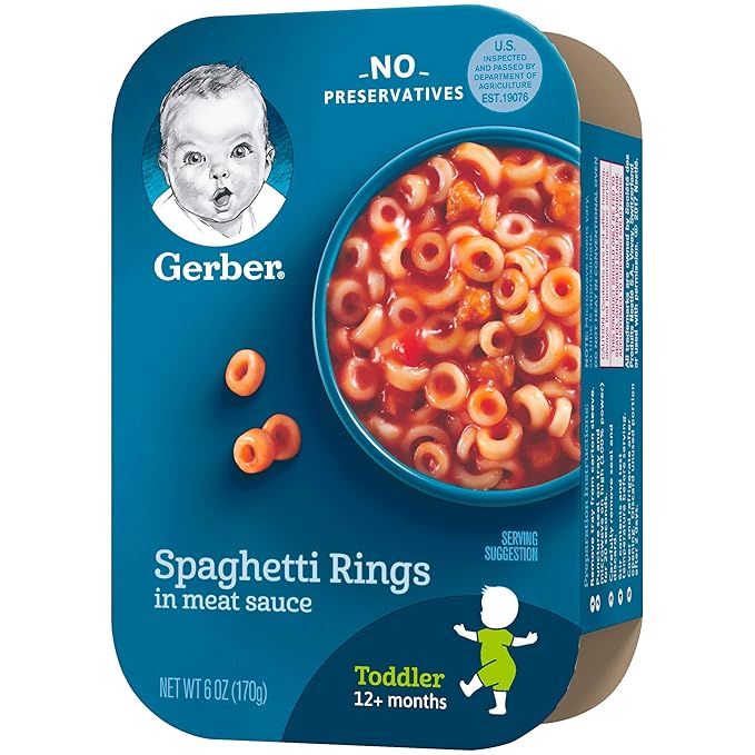 Gerber Snacks for Baby Value Pack (8 Pack) and Gerber Spaghetti Rings in Meat Sauce (6 Pack)