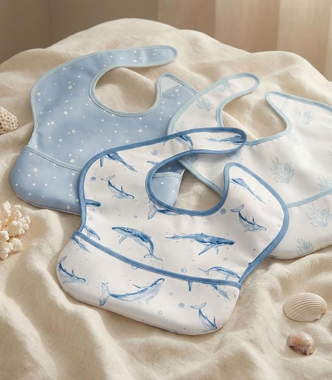 3-Pack Waterproof Baby Bibs for Eating - Mess Proof Lightweight Toddler Feeding Bibs with Large Food Catcher, Food-Grade Baby Eating Essentials, Easy to Put On & Clean(Blue Ocean Whale)