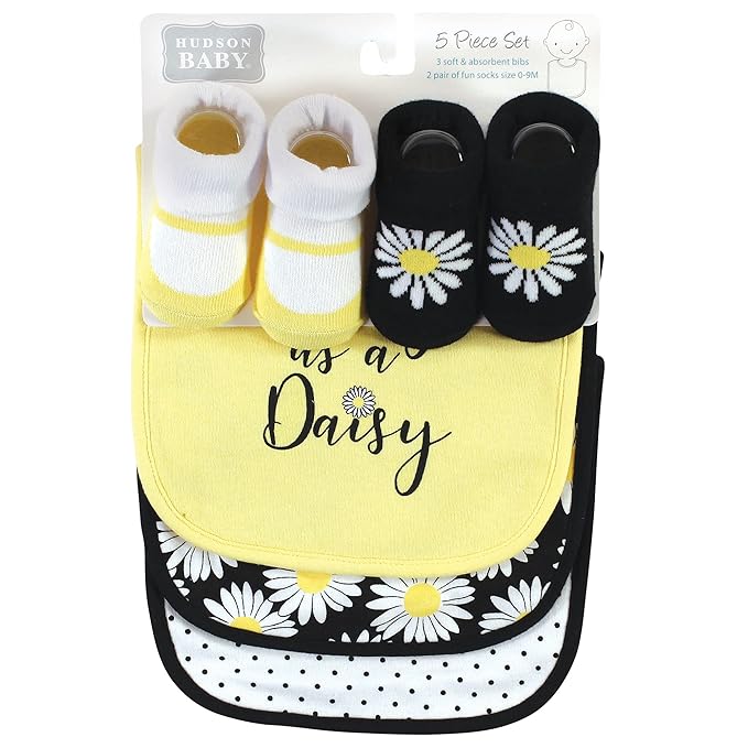 Hudson Baby Unisex Baby Cotton Bib and Sock Set, Pretty Daisy, One Size