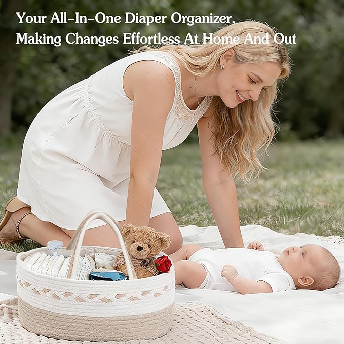 Diaper caddy Organizer, Cotton Rope Gift Basket with Removable Divider, Nursery Storage Organizer for Baby Essentials, Changing Table Diaper Storage Caddy (Brown)