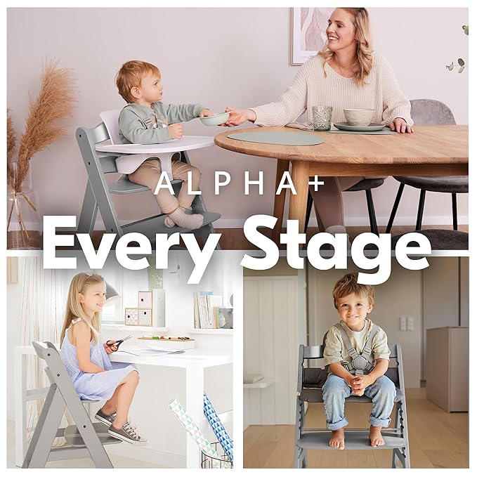 hauck Adjustable Wooden High Chair for Babies and Toddlers - Includes Baby Insert, Tray & Safety Harness - Grows with Child up to 198 lbs - Gray