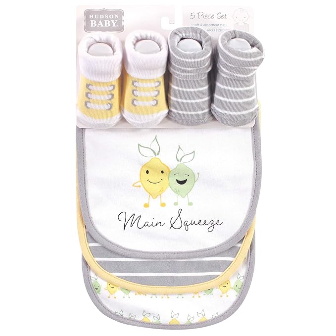 Hudson Baby Unisex Baby Cotton Bib and Sock Set, Main Squeeze, One Size