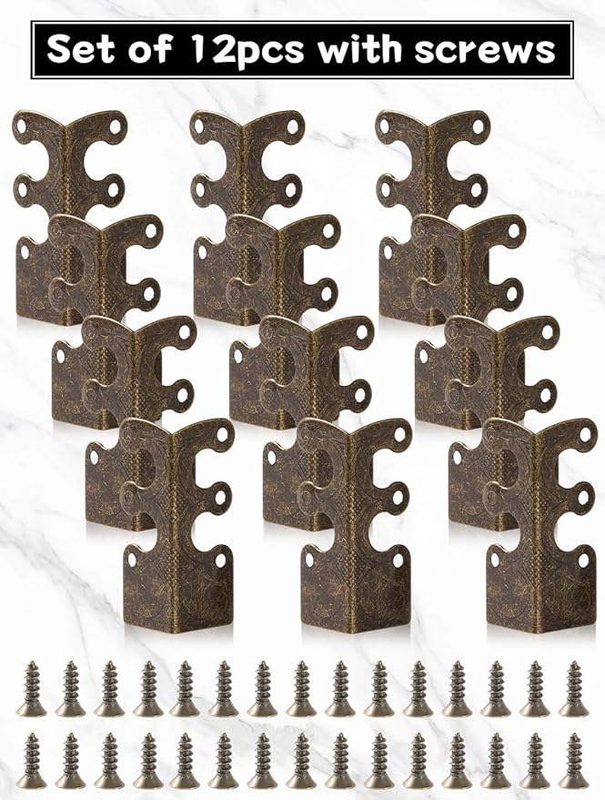 12 Pack Brass Baseboard Corner Protectors with Screws, 1.89 x 0.72 Inch Vintage Brass Skiffers with Screws for Furniture, Cabinet, Drawer and Table Protection