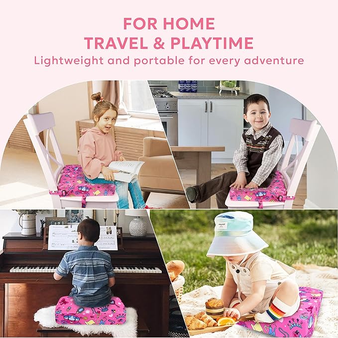 Toddler Booster Seat for Dining Table & Kitchen Chairs - Premium Foam with Non-Slip Bottom & Double Adjustable Straps, Safety Certified, Portable Travel &Easy to Clean (Pink-Princess)