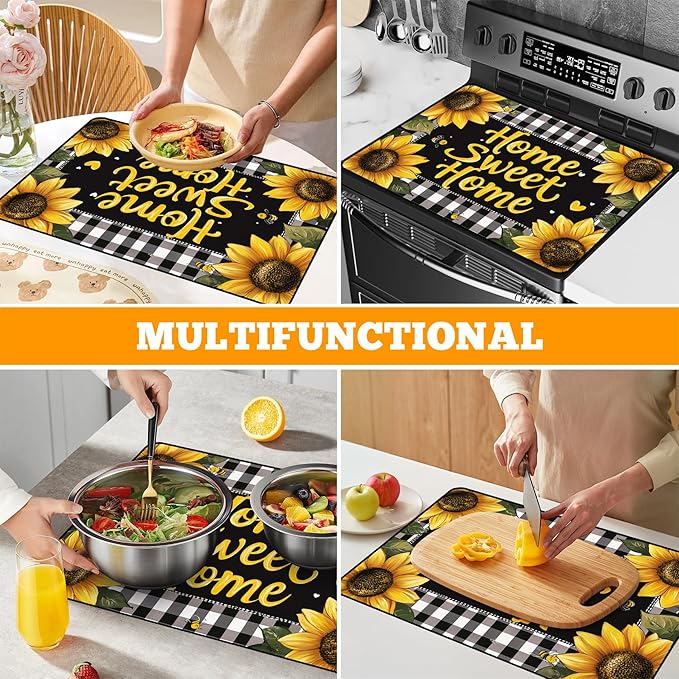 Multi-Design Stove Top Cover for Glass/Electric Stoves - 3-in-1 Heat-Resistant Protector Mat, Non-Slip Drying Rack 28"x20" (Sunflower)
