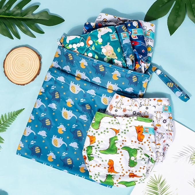ALVABABY 6pcs Cloth Diaper Covers &1 Wet Dry Bag, Washable Reusable Cloth Nappy Shell for Prefold with Multi-Functional Bag, Flat or Fitted Diaper Inserts 6NKZ06